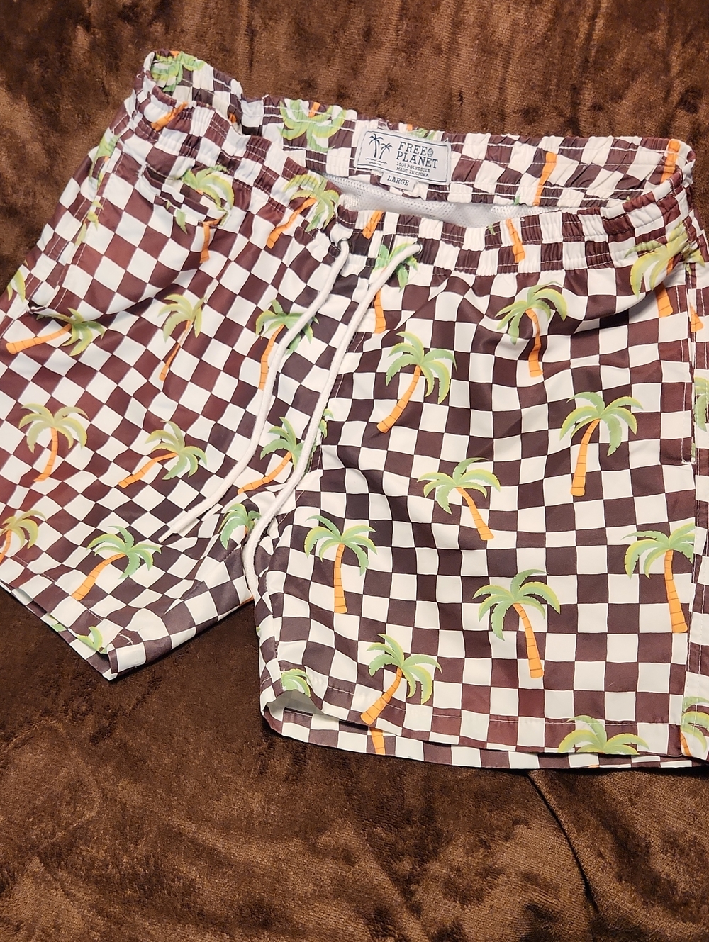 Free Planet Brown and White Checkered Palm-Print Mens  Large Shorts